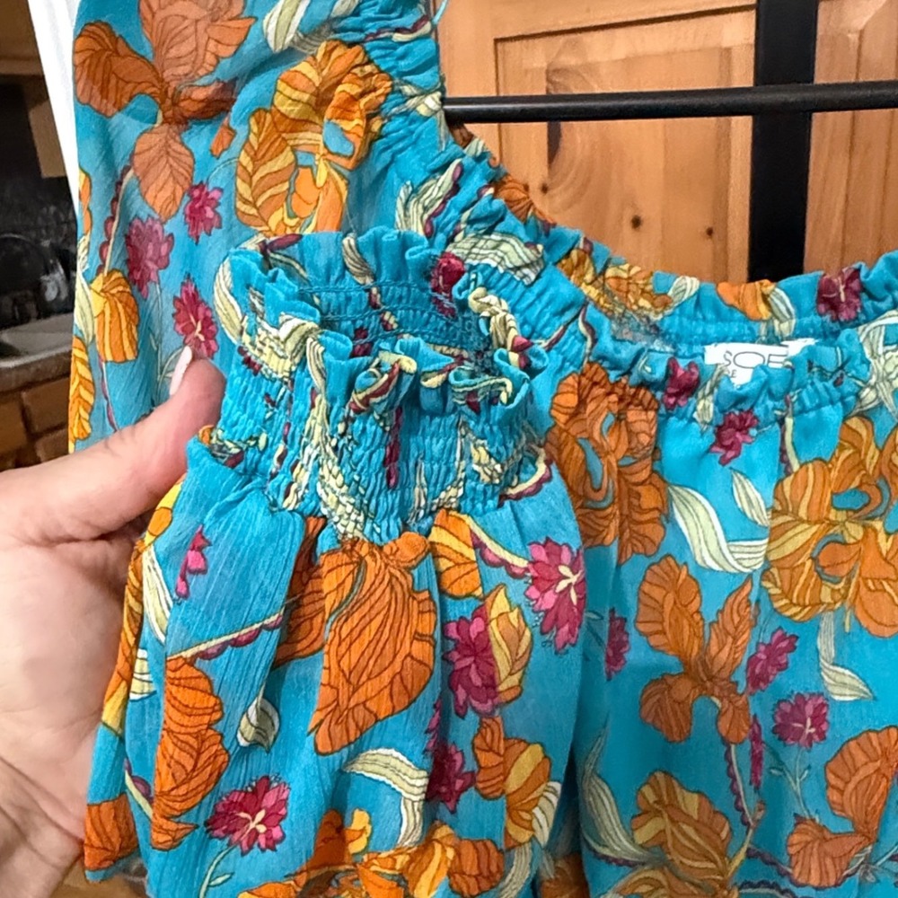 Soffie Floral Midi Dress Boho Smocked Waist Blue Orange Excellent Tiered Hem - Picture 4 of 5